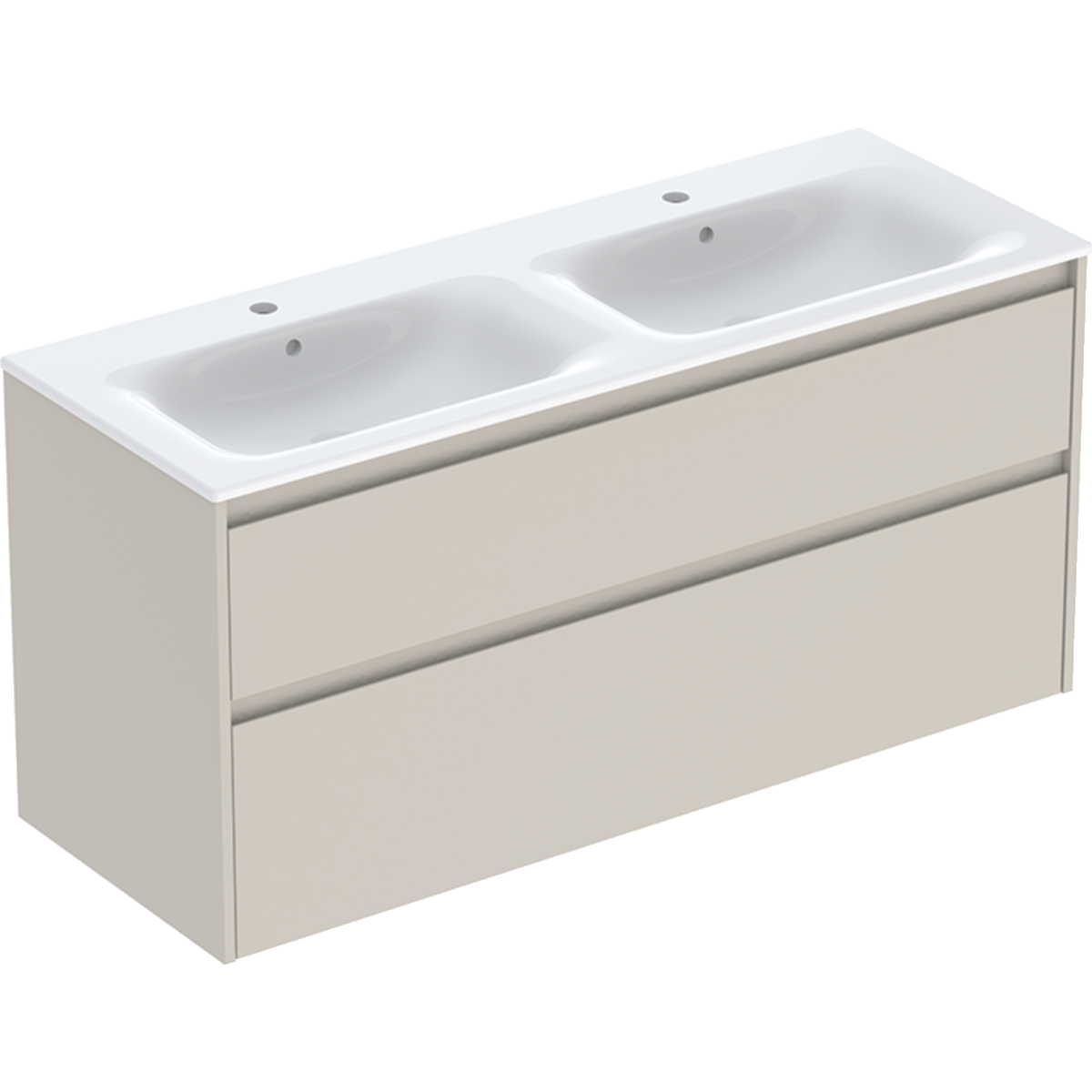 Geberit Selnova Square zestaw podwójnej umywalki z szafką 130x62,1x48cm, z 2 szufladami, kolor piaskowoszary, lakierowany jedwabny mat 504.141.DB.1